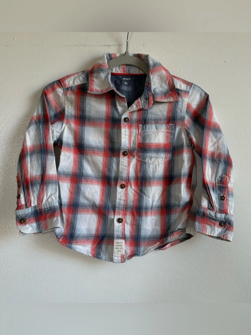 Carter's Boys 2T Red/White/Blue Plaid Cotton Button-Up Shirt Long Sleeve